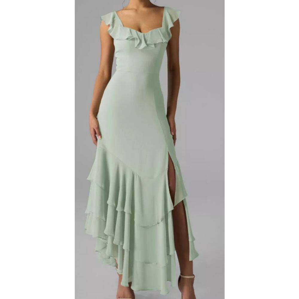 Mint Green Ruffle-Trim Maxi Dress with Side Slit